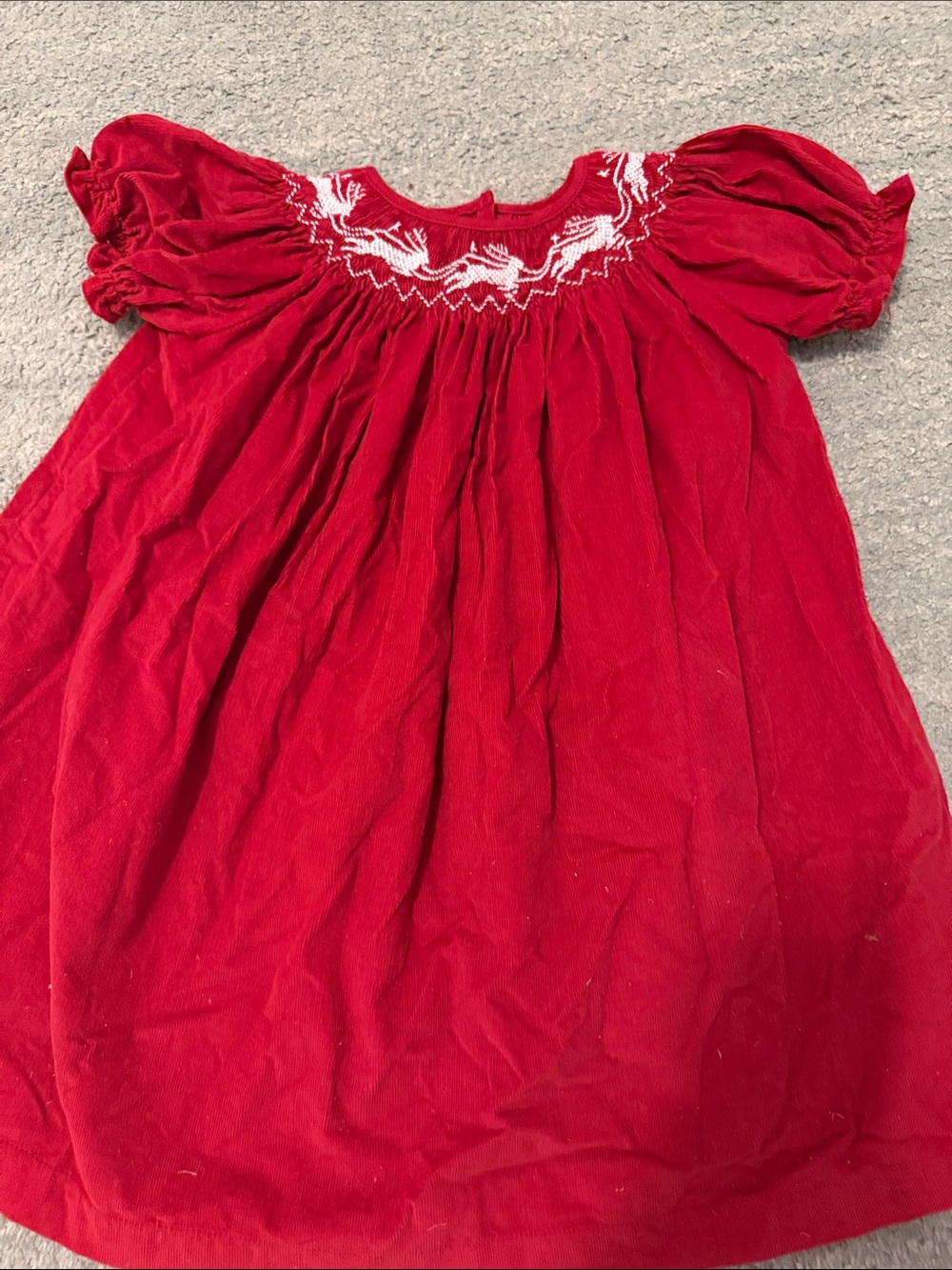 bella bliss Red Smocked Corduroy Christmas Dress with White Reindeer Embroidery